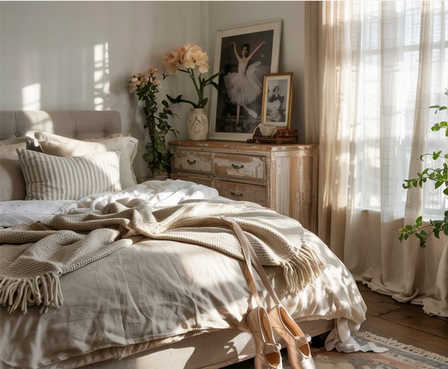 Framed ballet-themed artwork propped on a vintage dresser in a sunlit bedroom, showing a romantic and elegant way to display wall art without hanging.