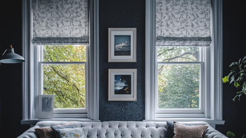 Two framed artworks hung vertically between windows above a tufted sofa, demonstrating how to display wall art in narrow spaces for balanced visual impact.
