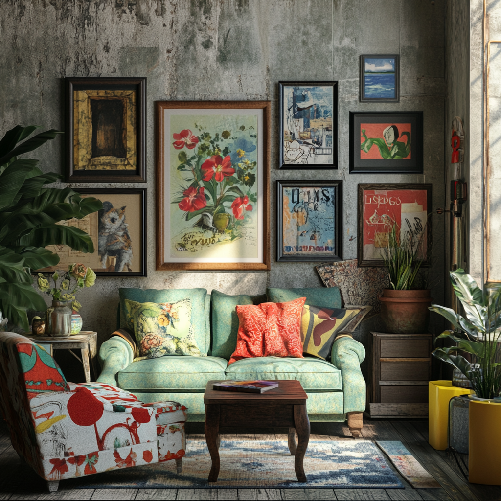 Eclectic gallery wall above a colorful vintage sofa in a cozy living room, showcasing a bold mix of framed wall art, textures, and layered decor.