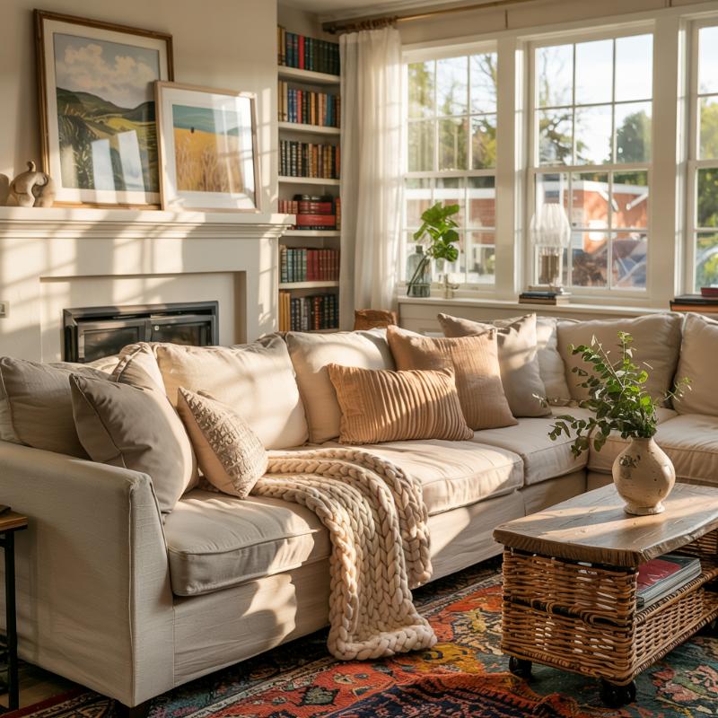 Framed wall art propped on a fireplace mantel in a bright, sunlit living room, showing an easy and stylish alternative to hanging wall art.