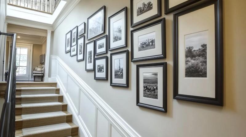 Black and white gallery wall arranged along a staircase, showing how to hang wall art that follows the angle of the stairs for a cohesive, flowing layout.