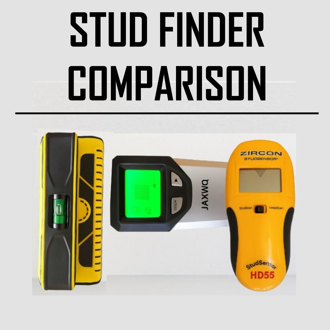 Side-by-side comparison of three stud finders—Franklin ProSensor M210, JAXWQ 5-in-1 stud finder, and Zircon StudSensor HD55—displayed on a clean background for a product review post.
